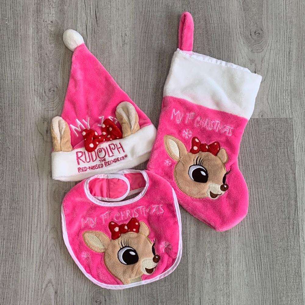 Rudolph Baby Girls My First Christmas Hat Bib & Stocking Pink NEW